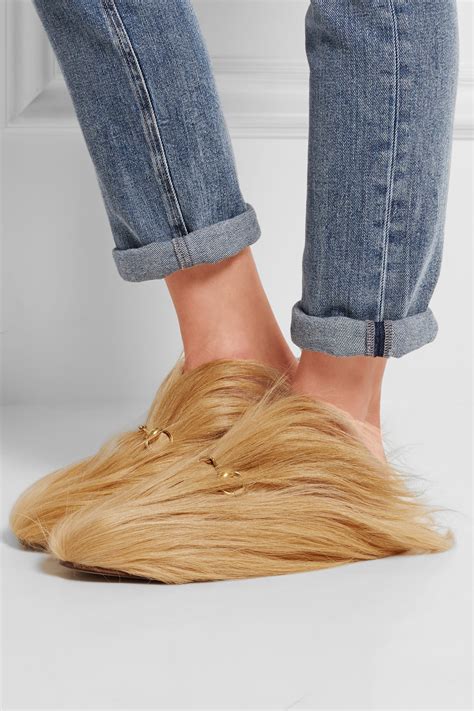 gucci horsebit goat hair slippers|princetown horsebit detailed leather slippers.